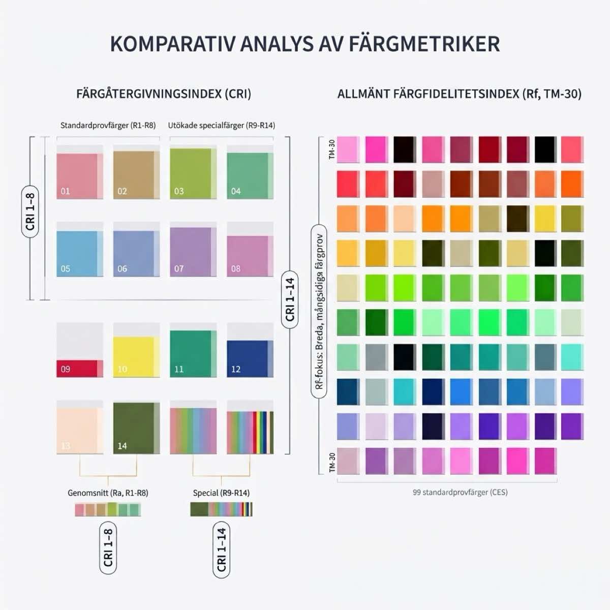 Illustration av färgåtergivningsindex och skillnader mellan olika Ra- och CRI-värden