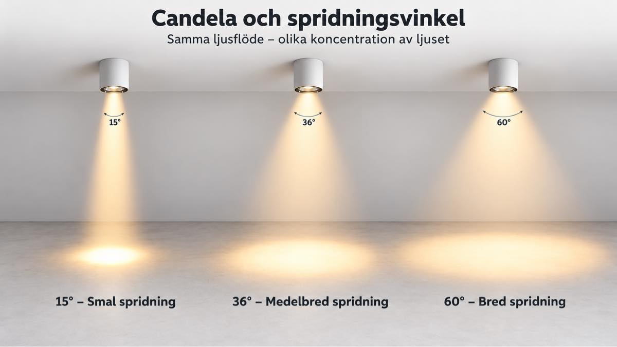 Illustration som visar candela och spridningsvinkel för spotlights med 15, 36 och 60 graders spridning