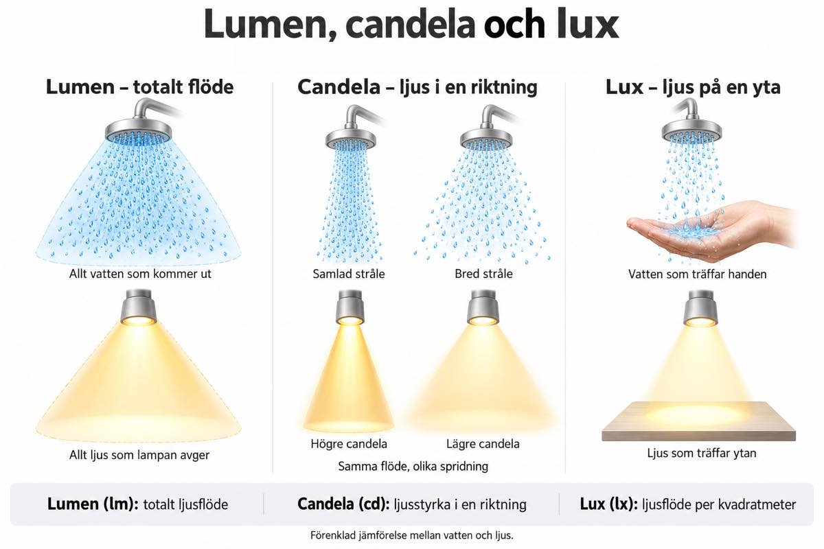 Illustration som jämför lumen, candela och lux med vatten från ett duschmunstycke